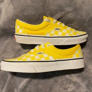 Yellow and white checkered vans sneakers, men's size 6, women's size 7.5